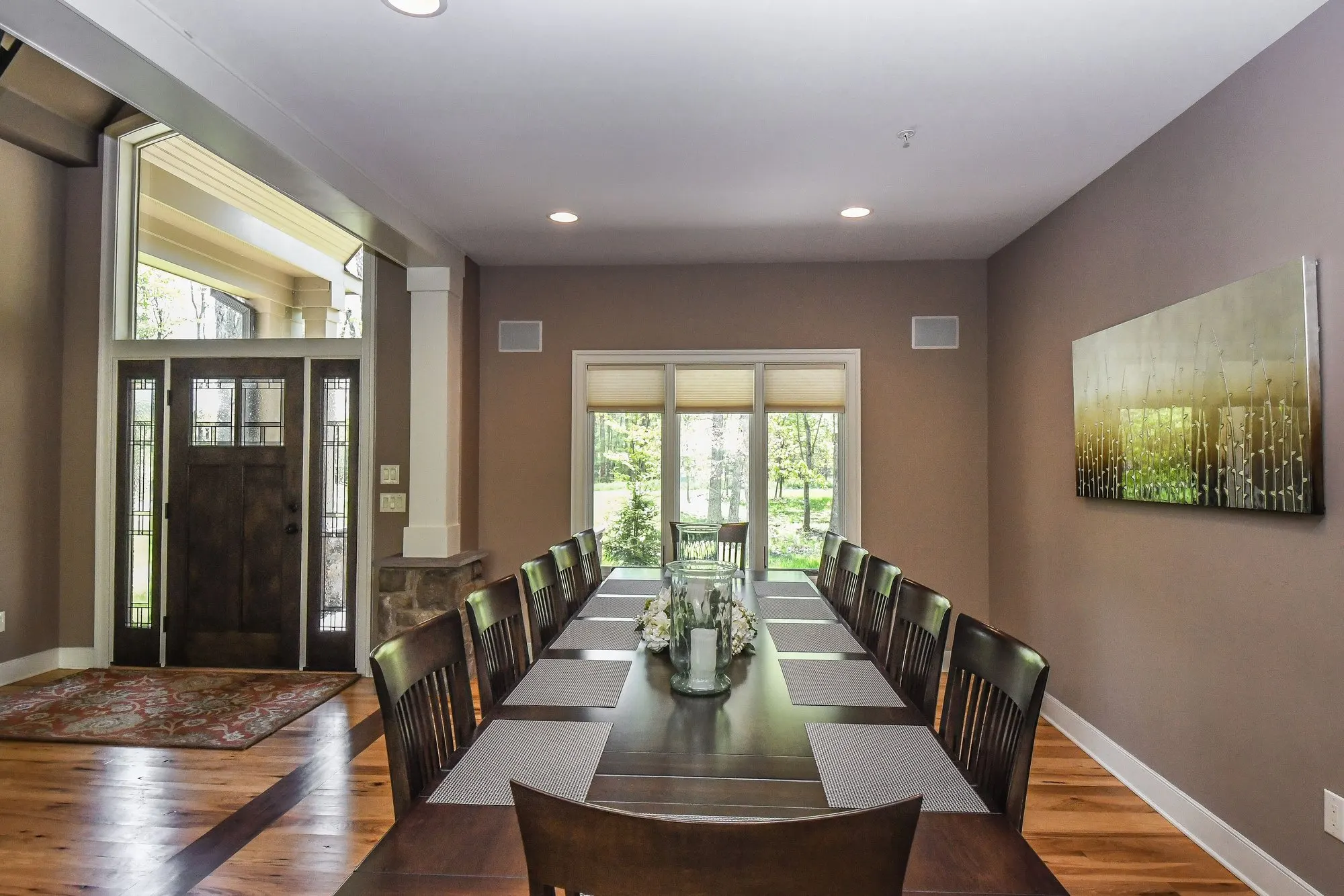 The formal dining room at Woodland Chalet, set for a large group dinner